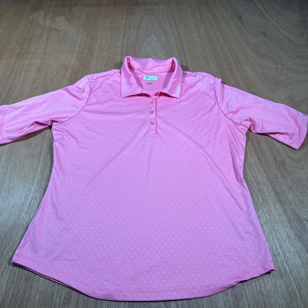 Greg Norman Polo Shirt Women L Pink Play Dry Polka Dot Golf Performance Top